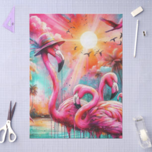 Tropical Pink Flamingos Palm Trees Decoupage Tissue Paper