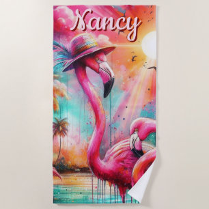 Tropical Pink Flamingos Palm Trees Personalized Beach Towel
