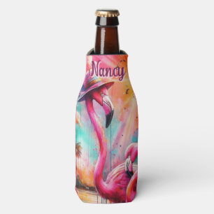 Tropical Pink Flamingos Palm Trees Personalized Bottle Cooler