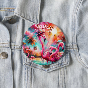 Tropical Pink Flamingos Palm Trees Personalized Button