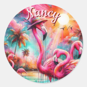 Tropical Pink Flamingos Palm Trees Personalized Classic Round Sticker