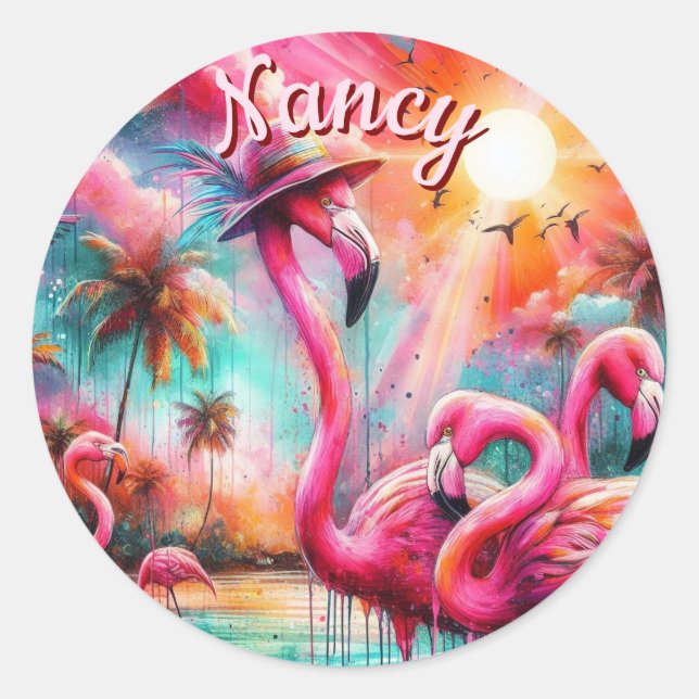 Tropical Pink Flamingos Palm Trees Personalized Classic Round Sticker (Front)
