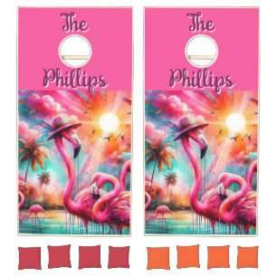 Tropical Pink Flamingos Palm Trees Personalized Cornhole Set