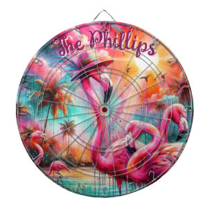 Tropical Pink Flamingos Palm Trees Personalized Dart Board