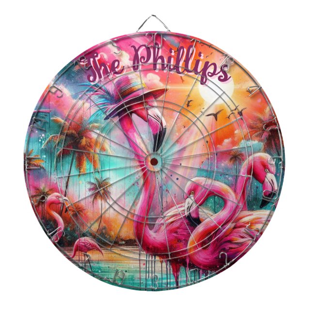 Tropical Pink Flamingos Palm Trees Personalized Dart Board (Front)