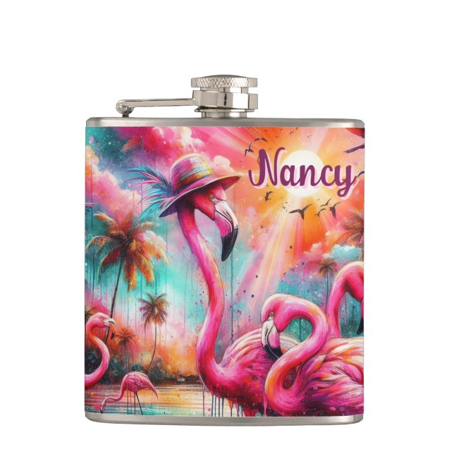 Tropical Pink Flamingos Palm Trees Personalized Flask (Front)