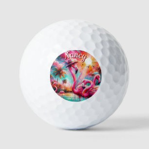 Tropical Pink Flamingos Palm Trees Personalized Golf Balls