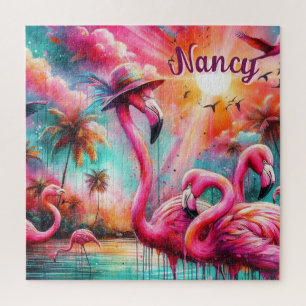 Tropical Pink Flamingos Palm Trees Personalized Jigsaw Puzzle