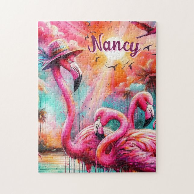Tropical Pink Flamingos Palm Trees Personalized Jigsaw Puzzle (Vertical)