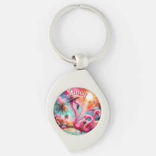 Tropical Pink Flamingos Palm Trees Personalized Keychain