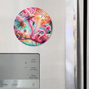 Tropical Pink Flamingos Palm Trees Personalized Magnet