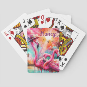 Tropical Pink Flamingos Palm Trees Personalized Poker Cards