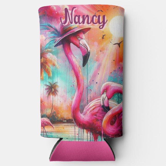 Tropical Pink Flamingos Palm Trees Personalized Seltzer Can Cooler (Front)
