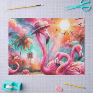 Tropical Pink Flamingos Palm Trees Sun Decoupage Tissue Paper