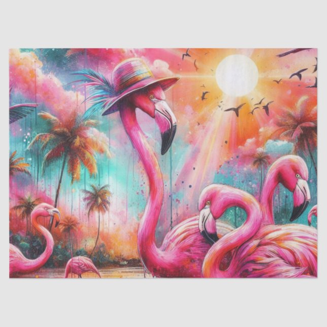 Tropical Pink Flamingos Palm Trees Sun Decoupage Tissue Paper (Front)