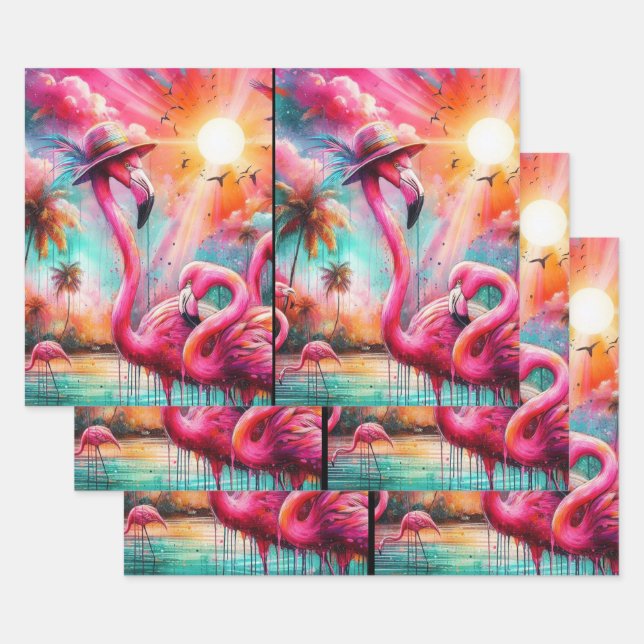 Tropical Pink Flamingos Palm Trees Sun Decoupage Wrapping Paper Sheets (Set)