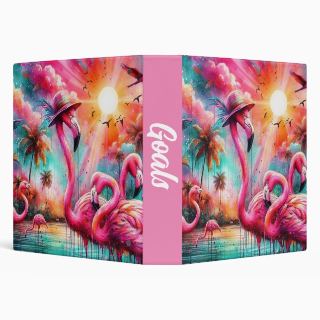 Tropical Pink Flamingos Palm Trees Sun Water Teal 3 Ring Binder (Background)