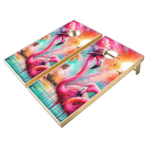 Tropical Pink Flamingos Palm Trees Sun Water Teal Cornhole Set
