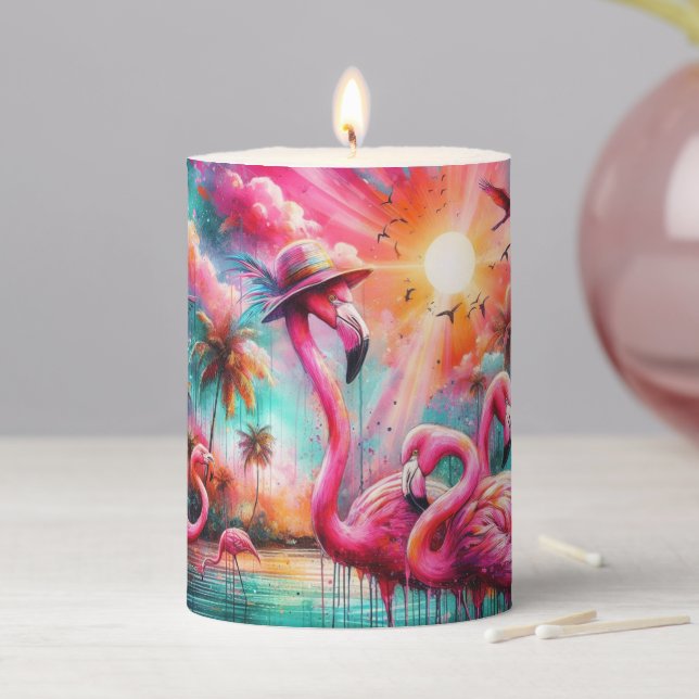 Tropical Pink Flamingos Palm Trees Sun Water Teal Pillar Candle (In Situ)