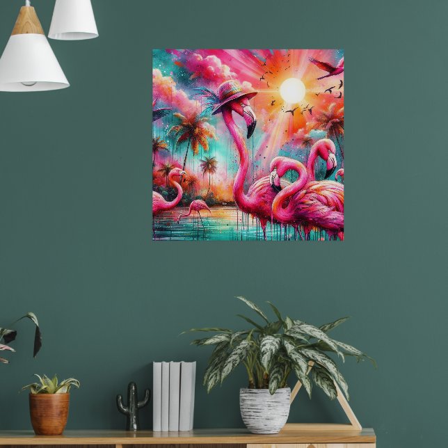 Tropical Pink Flamingos Palm Trees Sun Water Teal Poster (Living Room 1)