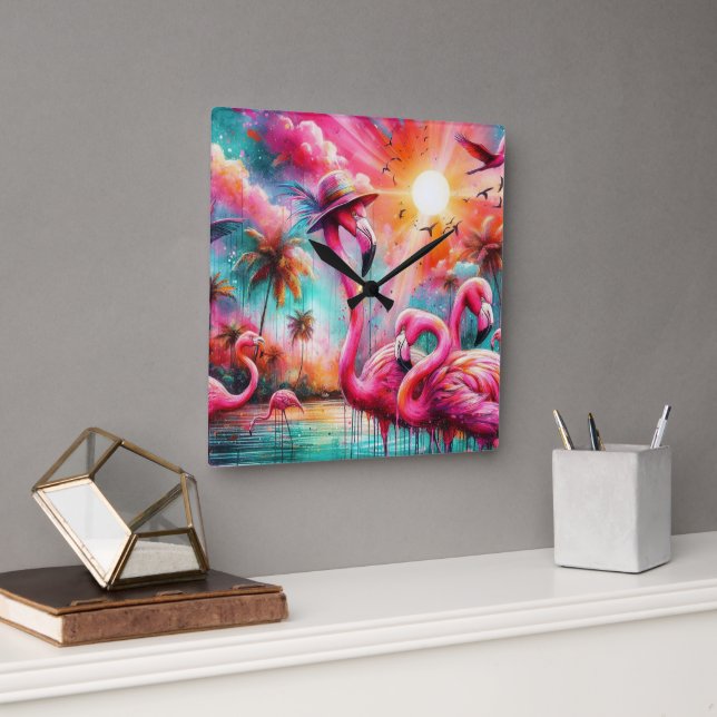 Tropical Pink Flamingos Palm Trees Sun Water Teal  Square Wall Clock (Office)