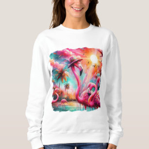 Tropical Pink Flamingos Palm Trees Sun Water Teal Sweatshirt