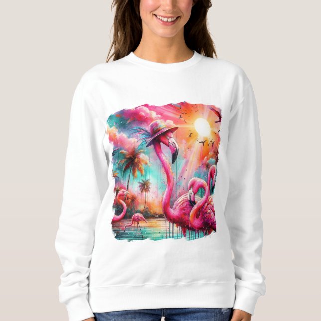 Tropical Pink Flamingos Palm Trees Sun Water Teal  Sweatshirt (Front)