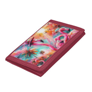 Tropical Pink Flamingos Palm Trees Sun Water Teal  Trifold Wallet