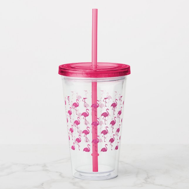 Tropical Pink Flamingos Pattern Acrylic Tumbler (Front)