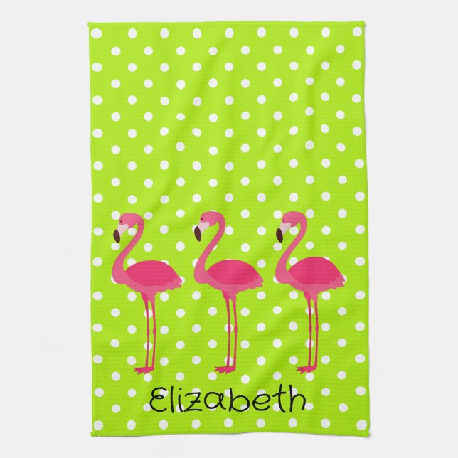 Tropical Pink Flamingos Personalized Kitchen Towel (Vertical)