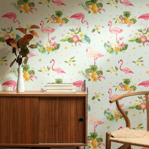 Tropical Pink Flamingos Plant Beach Vibes Pattern Wallpaper
