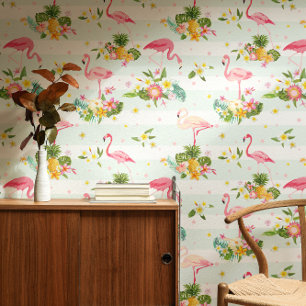 Tropical Pink Flamingos & Plant Pattern Striped Wallpaper