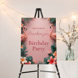 Tropical Pink Flamingos & Plumeria Welcome Sign