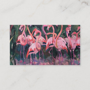 Tropical pink flamingos set against lush green business card