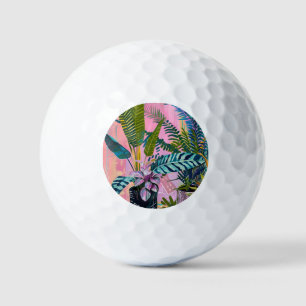 Tropical pink flamingos set against lush green golf balls