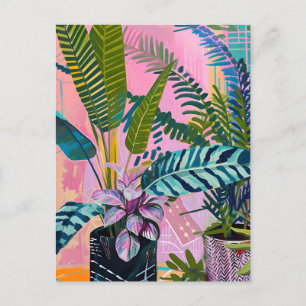 Tropical pink flamingos set against lush green holiday postcard