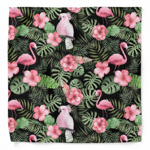 Tropical Pink Flamings, Birds, Flowers Greenery Bandana