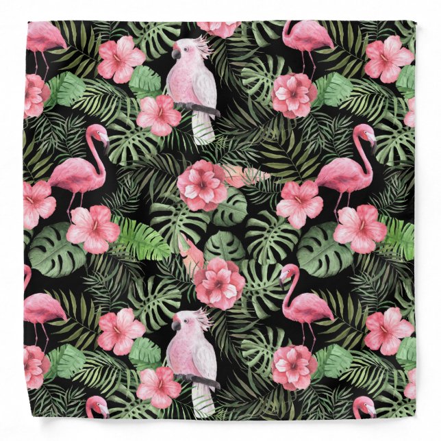 Tropical Pink Flamings, Birds, Flowers Greenery Bandana (Front)