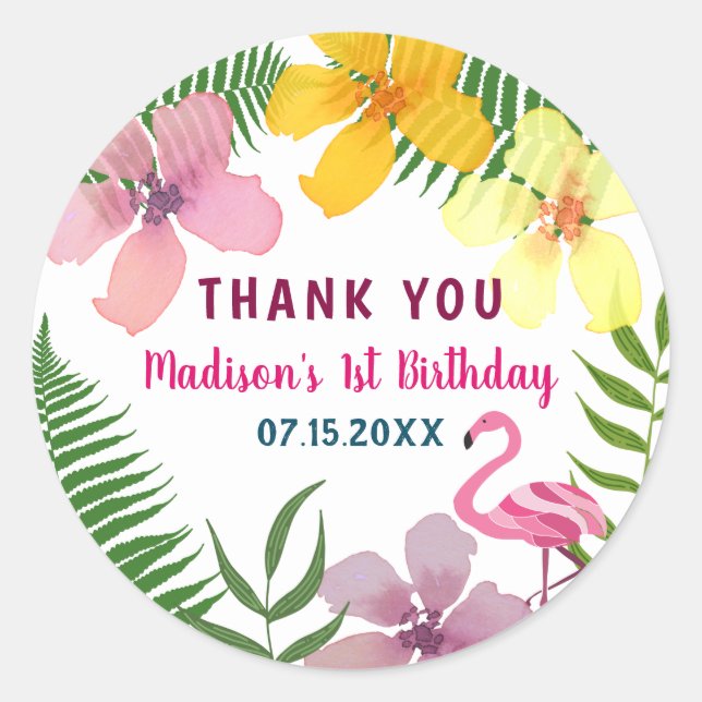 Tropical Pink Floral 1st Birthday Classic Round Sticker (Front)