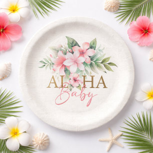 Tropical Pink Floral Aloha Baby Shower Paper Plates