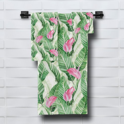 Tropical Pink Floral and Greenery  Bath Towel Set