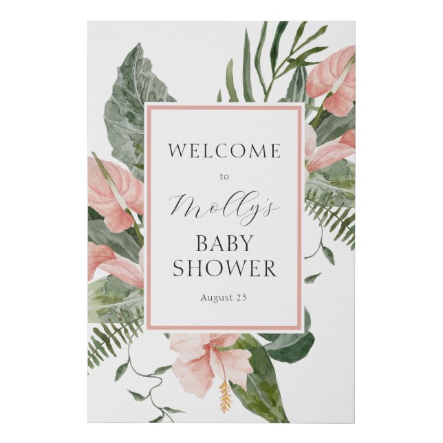 Tropical Pink Floral Baby Shower Welcome Faux Canvas Print (Front)