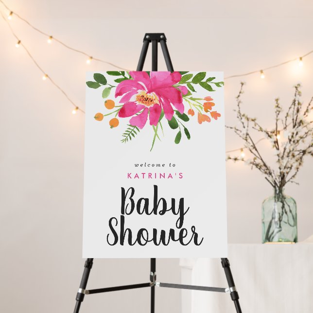 Tropical Pink Floral Baby Shower Welcome  Foam Board (In Situ (Stand))
