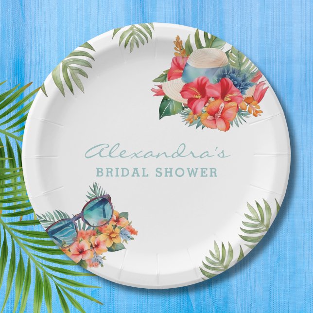 Tropical Pink Floral Beach Bridal Shower Paper Plates (Creator Uploaded)