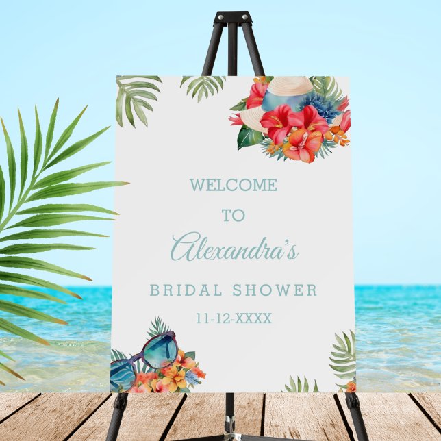 Tropical Pink Floral Beach Bridal Shower Welcome Foam Board (Creator Uploaded)