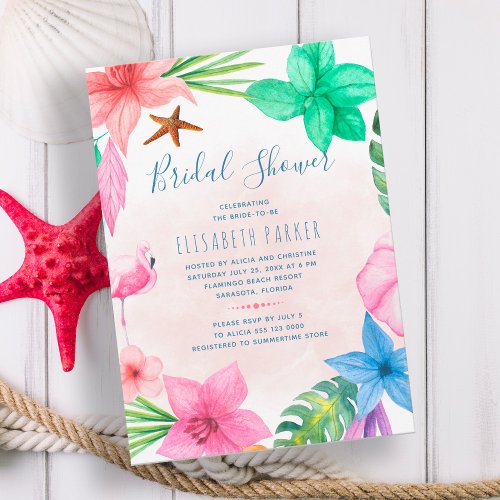 Tropical pink floral beach wedding bridal shower invitation