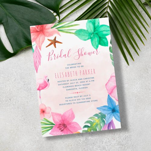 Tropical pink floral beach wedding bridal shower  invitation