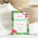 Tropical Pink Floral Birthday Luau Party Invitation<br><div class="desc">Birthday luau party invitations feature a Hawaiian party theme with "Aloha" and lush frame of green palm leaf fronds and tropical hibiscus flowers in shades of hot pink, sunshine yellow, and white. Stylish text with aqua blue banner title can be fully-personalized. Background color is seafoam blue / green. A custom...</div>
