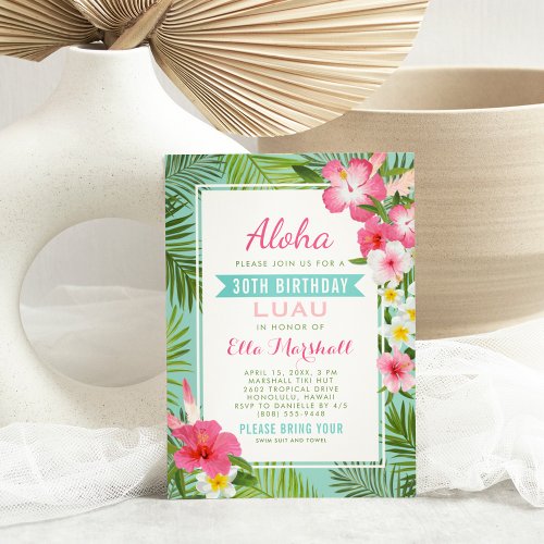 Tropical Pink Floral Birthday Luau Party Invitation