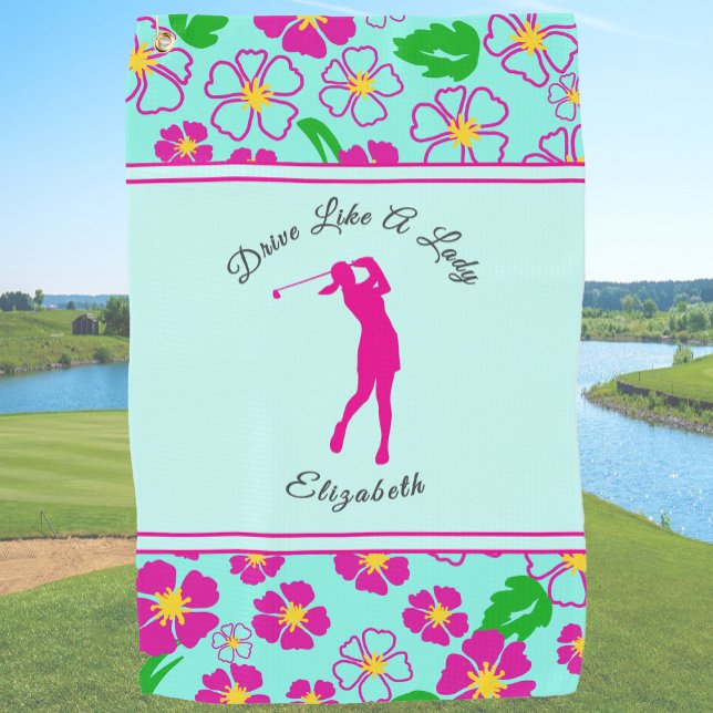 Tropical Pink Floral Custom Name Funny Golf Towel (Creator Uploaded)